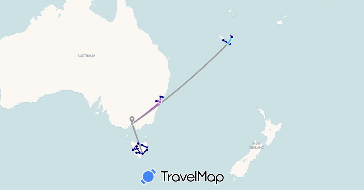TravelMap itinerary: driving, plane, train, boat in Australia, New Caledonia (Oceania)
